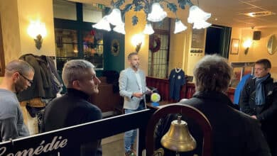 anthony desbureaux president de lusv football lors de son discours devant les partenaires du club avant